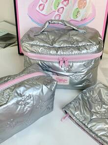 1 件银色蝴蝶结化妆包化妆包化妆包便携式手柄大容量化妆包带拉链，适用于旅行和度假必需品，用于卫生巾、袋垫、有线耳机、耳机、充电器、口红、化妆品、香水、化妆刷架收纳袋、护肤和美容产品，适用于女性、学生、女学生、钥匙、节日礼物返校礼物旅行必需品包，用于学校用品女士旅行包 - 銀色 - 查看 15