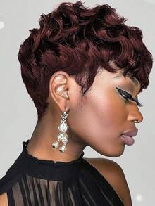 Black Short Pixie Cut Wigs For Black Women Short Wigs For Black Women Pixie Cut Curly Wig With Bangs Black Women Wigs - 酒紅色 - 查看 8