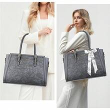 MOSISO Laptop Bag Women, PU Leather Tote Bag, Front Embossed Retro Hibiscus Computer Bags With Silk Scarf&Clutch Purse - 藍航 - 查看 2