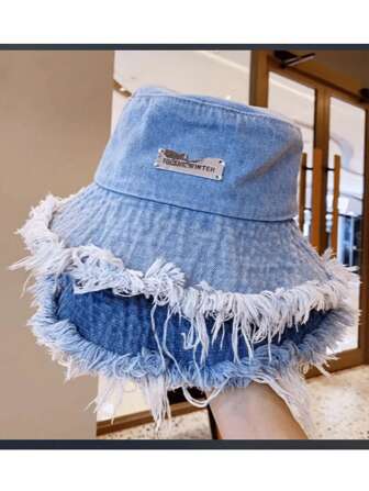 1 件装原始下摆渔夫帽字母标签盆帽时尚百搭轻便渔夫帽