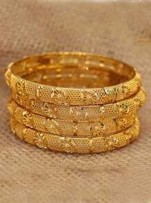 4入組迪拜風格24K鍍金銅手鍊，時尚新娘婚禮手鍊，珠寶禮品