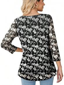 Womens 3/4 Sleeve Pleated Round Neck Blouses Dressy Casual Fall Mesh Tops Women 2025