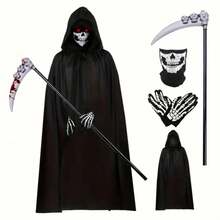 一套最佳角色扮演服装，包括黑色长披风、骷髅手套和道具镰刀，适合圣诞节、愚人节和其他派对活动的服装设计。 - 彩色 - 查看 13