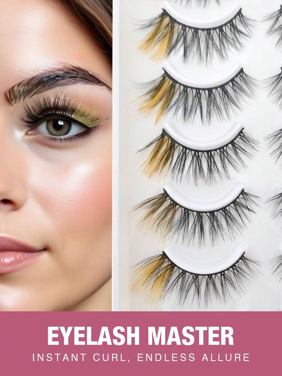 10 Pares de Cílios Postiços Amarelos de Falso Vison Macio em Formato de Olho de Gato A20-1, Alongam os Cílios, Ampliam os Olhos, Adequados para Festivais, Férias, Encontros e Outras Ocasiões