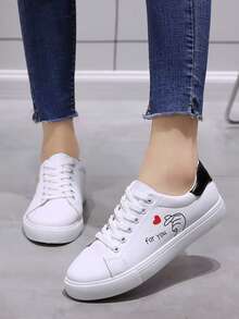 1 Pair Women's Fashion Casual Canvas Sneakers, Comfortable Student Flat Lace-Up Low-Top White Shoes - Black - View 2