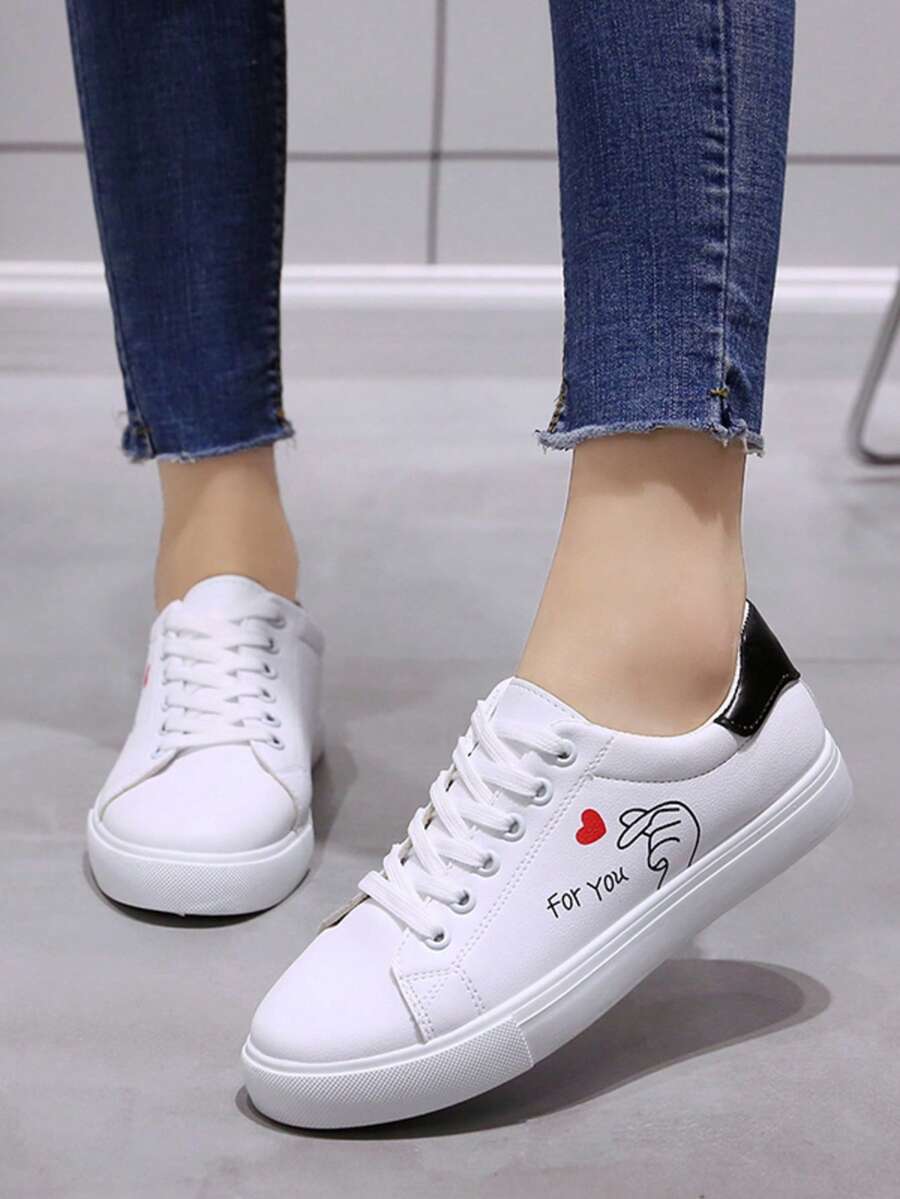 1 Pair Women's Fashion Casual Canvas Sneakers, Comfortable Student Flat Lace-Up Low-Top White Shoes