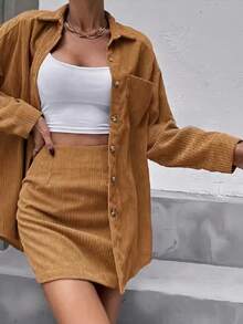 Autumn Corduroy Set, Long Sleeve Shirt And Mini Skirt, Solid Color Casual