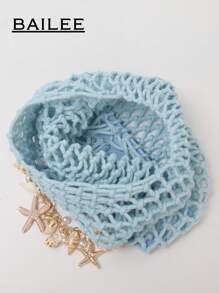 BAILEE 1个涤纶钩编网底多色纯色绳编手提包，菱形绗缝图案，轻便大容量可爱时尚沙滩包，适合女性、应届毕业生和上班族，也是一份很棒的教师礼物。 - 淺藍色 - 查看 11