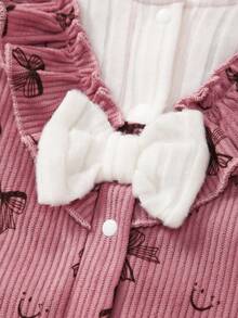 女宝宝花卉领蝴蝶结装饰全身印花撞色罗纹长袖连体衣