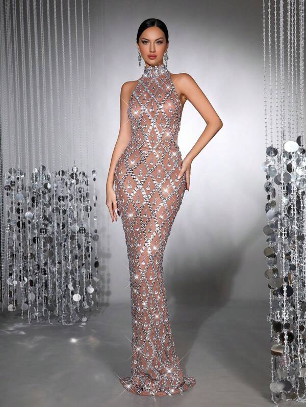 New Women's Luxury Sparkling Sequin Diamond Splicing Perspective Mesh Long Dress High Collar Sleeveless Slimming Hip Wrapping Women's Sexy Bareback Long Tail Dress Bridesmaid Dress Wedding Festival Evening Women's Formal Banquet Dress