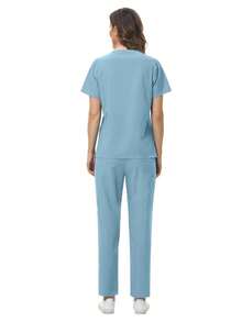 女士透气柔软短袖上衣直筒裤套装，适用于美容美甲师、护士等春季穿着，适合美容院、美甲师等工作场合。 - 淺藍色 - 查看 4