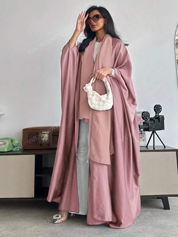Middle Eastern Style Loose Solid Color Robe With Batwing Sleeves And Headscarf, Abaya