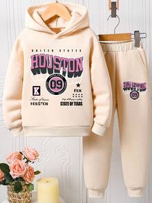 青少年女孩字母图案印花保暖连帽衫和运动裤套装 - 杏色 - 查看 2