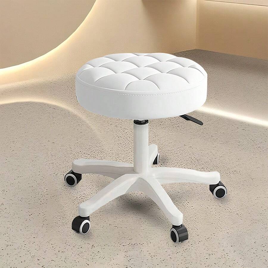 Wheeled Round Chair, Rolling Stool, Polyurethane Leather, Height Adjustable, Rotatable, Drawing Work Stool, Spa Salon Stool, Home Office Chair - White - View 1