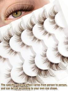 Rikuaild 6 Pairs Natural Soft Brown Lashes Winged End Eye Elongated False Lashes Crisscross Curl Wispy Clear Band Eyelashes Dramatic Look Cat Eye Effect Faux Mink Lashes - 眼尾拉長款 - 查看 2