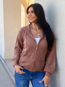 EMERY ROSE Drop Shoulder Zip Up Hooded Cardigan,Long Sleeve Tops - Redwood - View 4