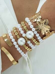 Bộ 5 chiếc/Bộ Vòng Tay Ngọc Trai Giả Phong Cách Punk Sang Trọng Thanh Lịch Cổ Điển Dành Cho Phụ Nữ & Bé Gái, Thích Hợp Để Đeo Hàng Ngày, Đám Cưới, Ngày Lễ, Tiệc Tùng - Bạc-6179002HB - Xem 3