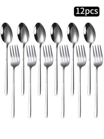 6/12件不锈钢骑士勺叉套装，可重复使用且易于清洁，适用于西餐、意大利面、沙拉、水果、蛋糕和甜点，适用于家庭厨房、下午茶、婚礼派对、野餐、学校用品
