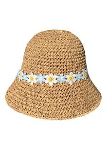 1pc Handmade Crochet Straw Hat, Floral Design, Spring/Summer Beach Sun Hat, Foldable UV Protection,Vacation,Holiday,Travel - B - View 8