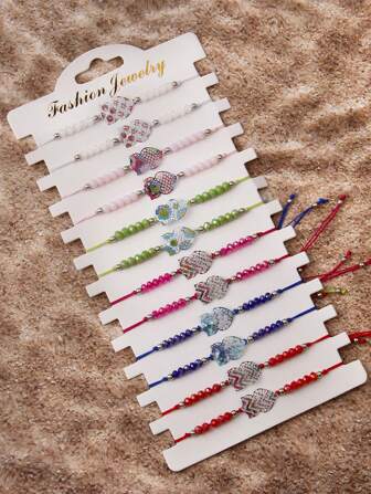 12pcs Bohemian Beaded Braided Bracelets, Colorful Crystal Bead & Rope Owl Charm Bracelet, Stylish Accessories For Friends
