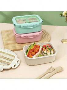 1pc Lunch Box With Two Compartments, Built-In Cutlery Set, Reusable And Microwave Heated (With Lid Removed), Suitable For Kitchen, Outdoor, School Supplies, And Kitchen Utensils