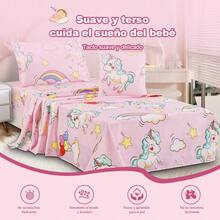 Conjunto de Sabanas Infantiles Individual 100x200cm | Pack 4 Piezas: Sabana Ajustable, Plana, Funda de Almohada + Cojín Decorativo | Estampado Colorido Infantil Suave y Caliente | Ideal para Cuna, Camita o Cama Infantil | Confort y Estilo para Niños - 02 rosa - Ver 5