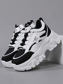 Zapatillas deportivas casuales con suela gruesa y plataforma superior de color suave para mujer - Negro - Ver 2