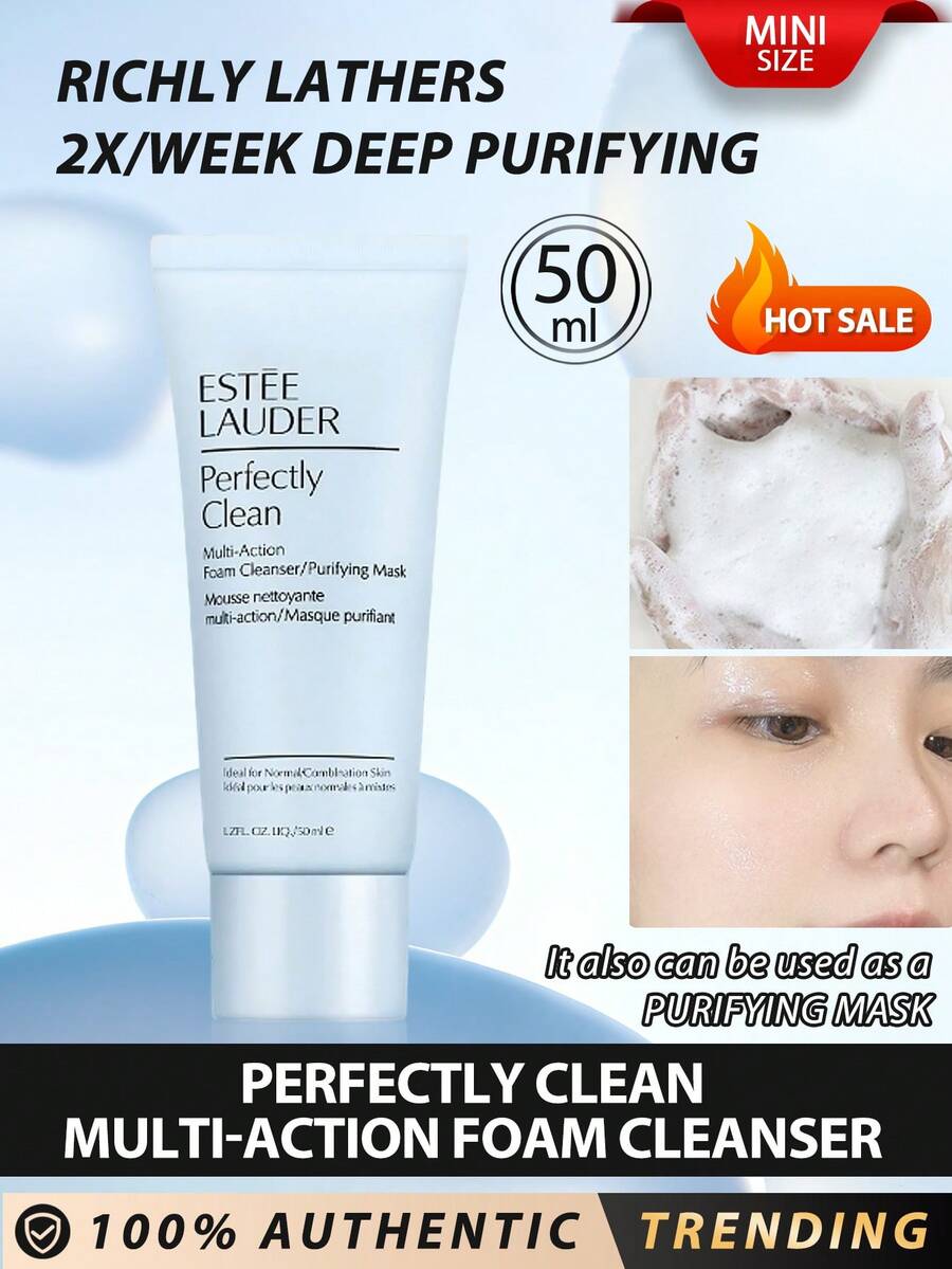 Estée Lauder [Ukuran Mini] Perfect Clean Multi-Effect Foaming Cleanser/Masker Pemurni 50ml / Busa Melimpah, Daya Pembersih Kuat. Masker Pemurni 3 Menit / Cocok Untuk Kulit Normal/Kombinasi / Pembersihan Harian yang Lembut, Pemurnian Mendalam Dua Kali Seminggu, Busa yang Menyegarkan / Busa yang Menyegarkan ini Membersihkan Kulit Anda dengan Lembut dan Menyeluruh, Merawat Kulit Wajah Anda. - 50ml - View 1