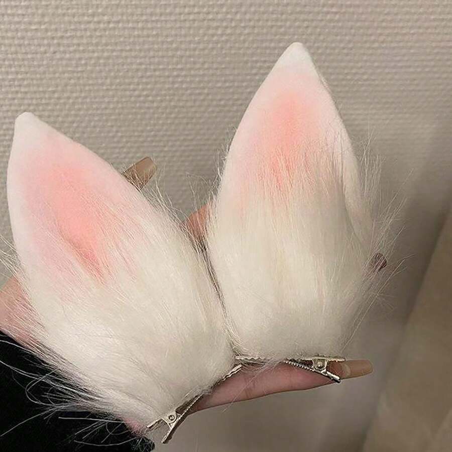 2pcs/Set Charming Plush Rabbit Ear Hair Clips Set - Perfect For Christmas Outfit, Sweet Colors And Teardrop Design - Multicolor - View 1