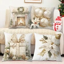 4 fundas de cojín con patrones de árbol de Navidad, campana y copo de nieve, de estilo moderno y tela de poliéster suave, ideales para decoración navideña y de invierno en la sala de estar, dormitorio y cabaña