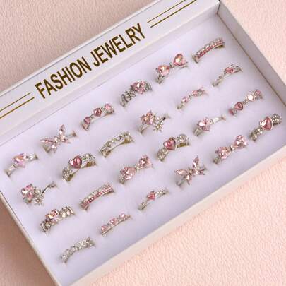 Set de 11 anillos delicados y lindos con rhinestones rosas, regalo de cumpleaños para niñas y niños, accesorios para uso diario