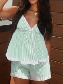 Women's Summer Lounge Set Sleeveless V Neck Cami Tops Lace Trim Shorts Sleepwear - Green (stripes) - View 4