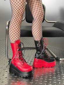 Goth Platform Boots For Women Punk Combat Boots Mid Calf Motorcycle Boots Round Toe Boots Lace-Up Back Zip Wedges Y2K Cosplay Size 11