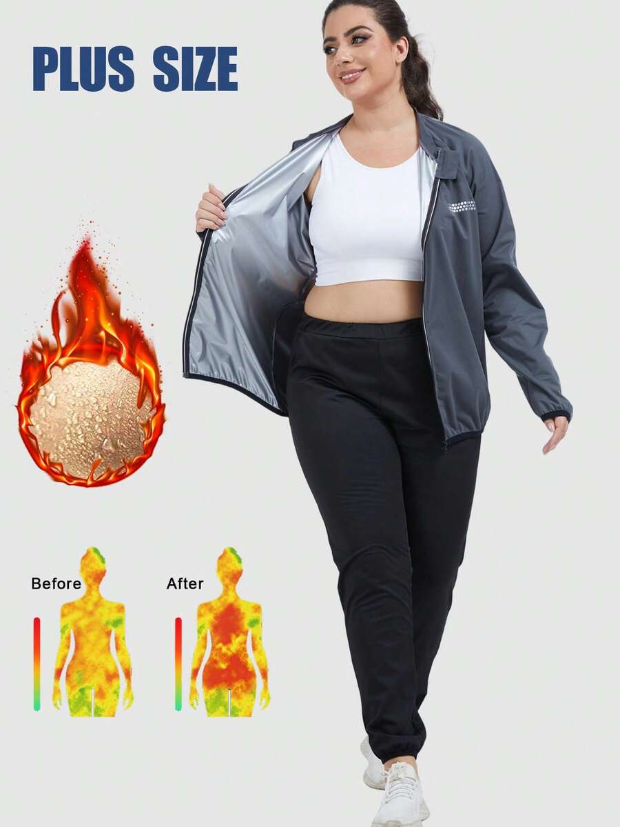1 Set Traje de sauna talla grande para mujer, conjunto de sudadera y pantalón de sauna para gimnasio, entrenamiento y ejercicio - Gris - Ver 1