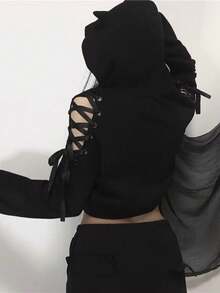 Womens Cat Ear Cropped Hoodie Long Sleeve Tie Up Bandage Cold Shoulder Hooded Sweatshirt Pullover Tops Cute Cat Crop T Shirts Tops Teen Girl Vintage Gothic Punk Emo Clothes Halloween Streetwear - 黑色 - 查看 6