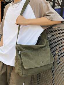 1pc Vintage Minimalist Flap Shoulder Bag, Thick Washed Canvas Casual Messenger Bag, Large Capacity, American College Style, Suitable For School, Short Trip, Simple Street Bag - Dark Green - View 6