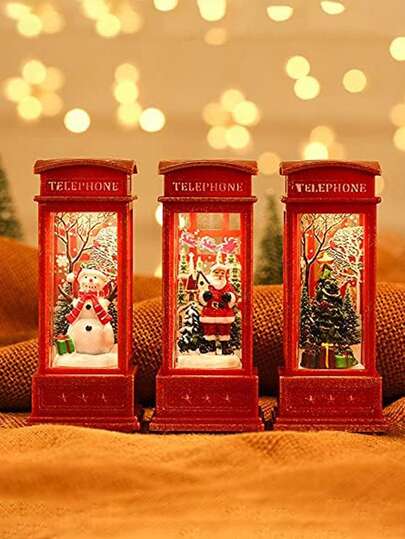 3PCS圣诞电话盒雪球灯灯箱小夜灯电池供电LED灯流水闪烁音乐播放家居装饰小油灯酒店KTV场景发光装饰礼物