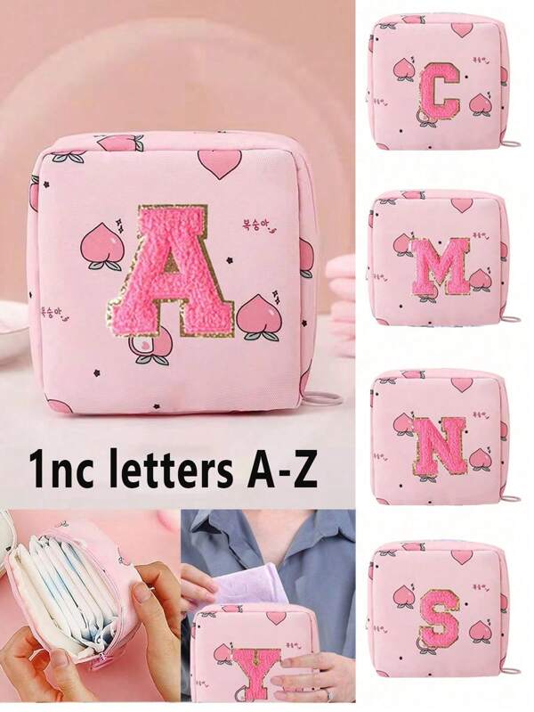 1pc Sanitary Napkin Storage Bag, A-Z Initials Towel Embroidery Portable Sanitary Napkin Storage Bag, Student Menstrual Bag, Large Capacity Waterproof Cosmetic Bag, Coin Purse, Used To Store Sanitary Napkins And Panty Liners, Cosmetics Storage, Suitable For Menstrual Girls, Students, Office Workers, Travel Makeup Travel Toiletries Storage Bag, Essential Gift Storage, Is A Good Gift For Travel Enthusiasts, Family Gift