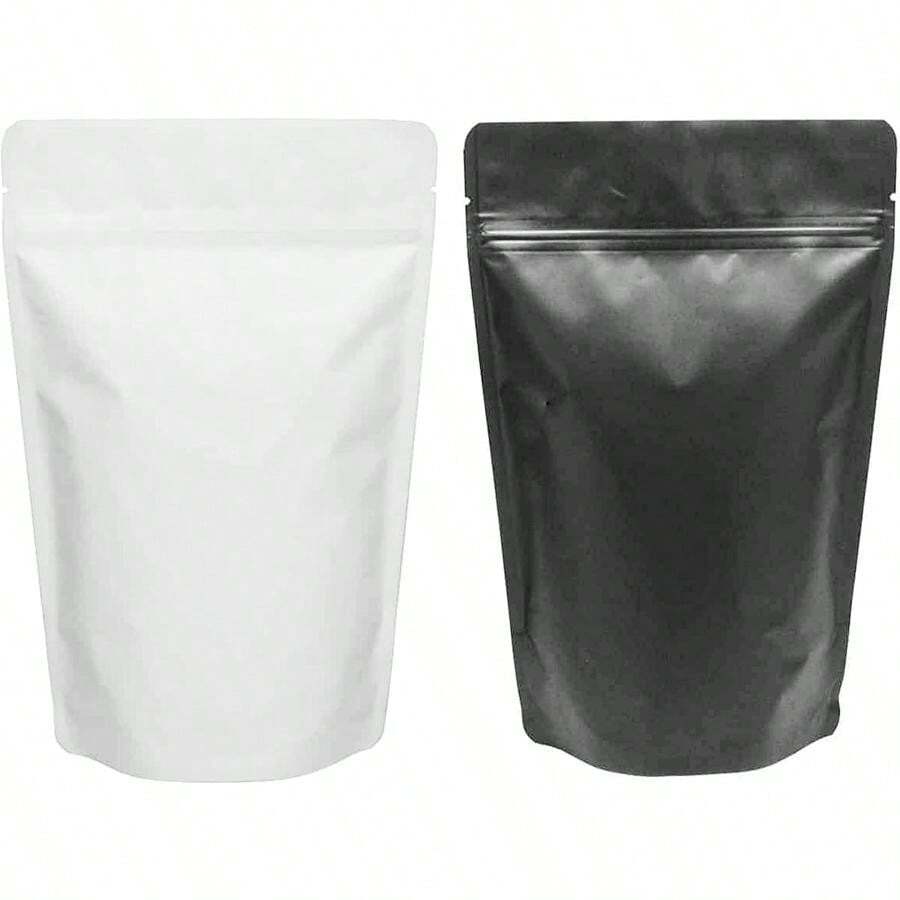 Ozchillon100pcs Black White Stand-Up Bags Matte Heat Seal Pouch Smell Proof Mylar Zipper Baggies Resealable Food Storage Packaging For Food,Coffee,Bean (Black, 12x20cm)