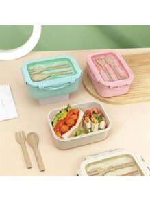 1pc Lunch Box With Two Compartments, Built-In Cutlery Set, Reusable And Microwave Heated (With Lid Removed), Suitable For Kitchen, Outdoor, School Supplies, And Kitchen Utensils