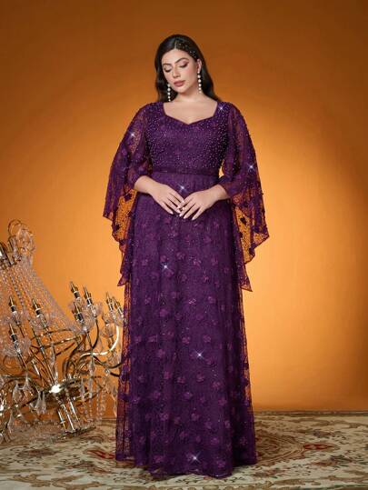 Anpoket,New Arrival,V-Neck,Noble,Plus Size Evening Gown Dress,Heavy Stitching,Embroidery ,Belt,Flounce Sleeve,Long Dress