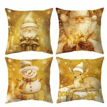 4 piezas Fundas de almohada con patrones de árbol de Navidad, muñeco de nieve y ciervos en dorado, diseño contemporáneo de tela suave de poliéster, adecuado para decoración de granja, vacaciones, sofá, sala de estar, decoración del hogar y regalos de Navidad