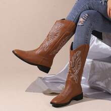 Vintage West Women's Brown Mid-Calf Cowboy Boots,Womens Fold Over Boots Knee High Boots,Pointed Toe High Heel Boots.Cowboy Boots For Women,Pointed Toe Embroidery Western Boots,Women's Winter Boots.Women's Thick Soled Cowboy Boots,Chunky Heels Casual Comfortable Mid Calf Boots For Daily Wear. - 棕色 - 查看 2
