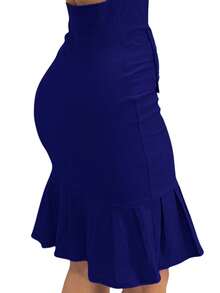 Women's Bengaline Skirt With Buttons And Ruffle Detail - Navy Blue - View 2