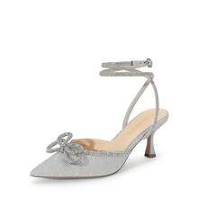 Women's Rhinestone Bow Ankle Strap Pumps Stiletto Kitten Heels Pointed Closed Toe Heels Fashionable Wedding Bridal Party Prom Dress Shoes - Bạc - Xem 2