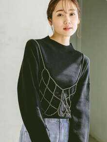 1件装女士珍珠身体链简约吊带背心，适合日常、旅行、派对和海滩穿着，白色珍珠身体链上衣 - 黑色 - 查看 4