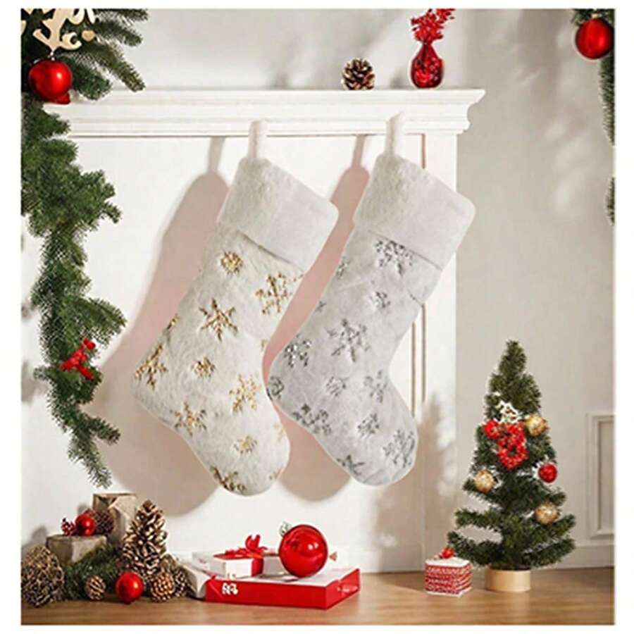1pc Snowflake Christmas Sock, Silver & Gold Snowflake Gift Sock, Gift Bag Party, Christmas Decoration, Scene Arrangement, Atmosphere Decor, Christmas Party Decoration - Multicolor - View 1