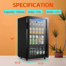 WANAI Beverage Fridge MINI Cooler 125Cans Beverage Refrigerator, Glass Door Beverage Cooler For Beers Wine Juicer Cooler Adjustable Shelves LED Lights For Home, Office Or Apartment - Xem 5
