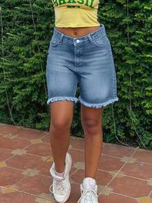 Women Loose Straight Knee Length Denim Shorts - Light Wash - View 2