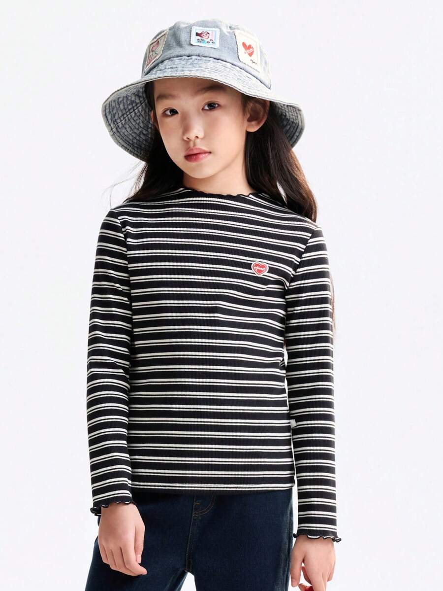 Annil Kinderkleidung, Mädchen, mittleres Kindesalter, Teenager, Strickpullover mit mittlerem Ausschnitt und Langarm, farbblockgestreiftes T-Shirt, süße Spitzenunterlage, Herbst - Schwarz - Übersicht 1